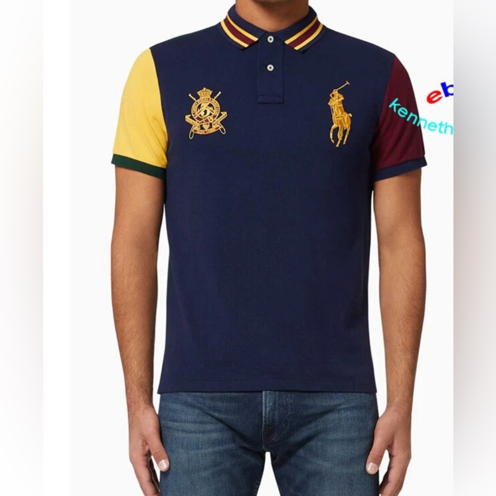 Polo by Ralph Lauren Navy Polo with Yellow and Burgundy Sleeves size large